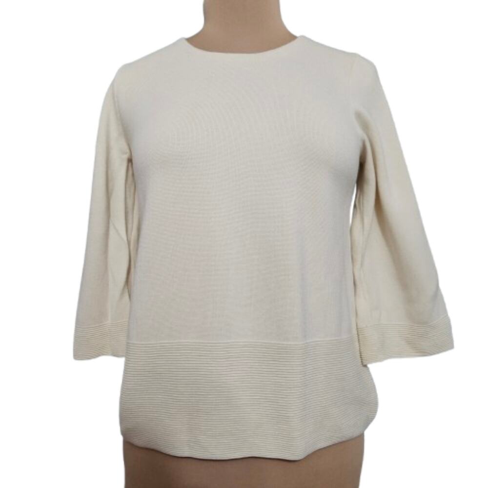 Talbots Cream Ribbed Knit Pullover Top Small Bell Sleeve Back‎ Zip Mature Career